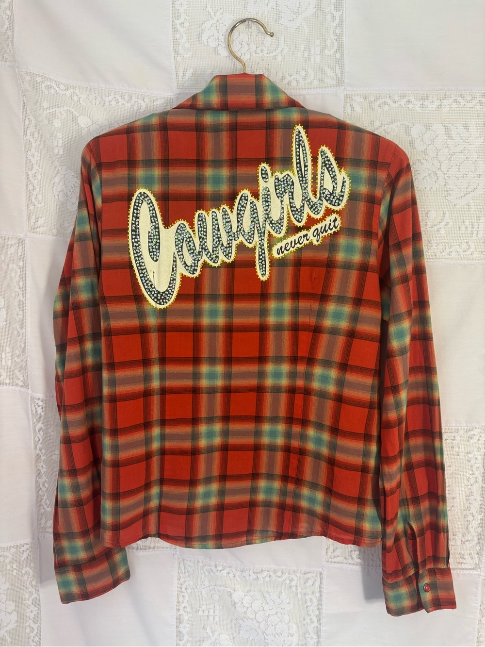 Orange Plaid Beaded Embellished Cowgirl Western Pearl Snap Button Up Size S - Picture 3 of 14